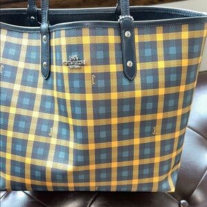 Coach Checkered Tote Bag - Blue and Gold Reversible Tote